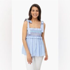 Tuckernuck Light Blue Striped Smocked Tie-Shoulder Top with Rainbow Stiching